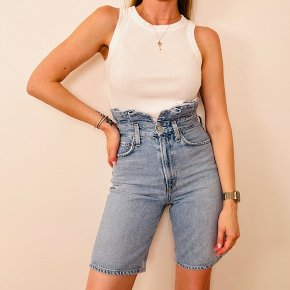 Agolde super high waisted ruffle top 100% organic cotton demin blue jean shorts - Picture 3 of 10